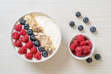 homemade yogurt bowl with raspberry, blueberry and granola