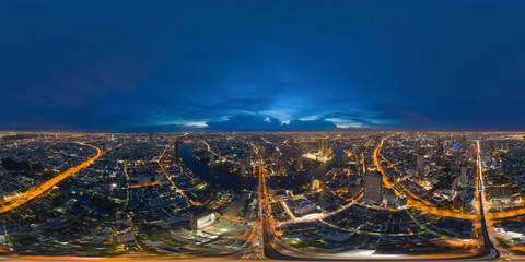 360 panorama by 180 degrees angle seamless panorama of aerial view of Bangkok Downtown Skyline....