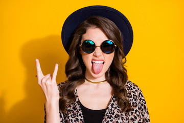 Close up photo of crazy cool rock and roll lover enjoy rejoice concert make horned symbol show...