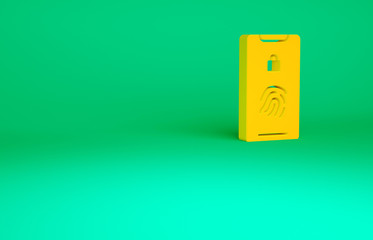 Orange Smartphone with fingerprint scanner icon isolated on green background. Concept of security, personal access via finger on mobile. Minimalism concept. 3d illustration 3D render.