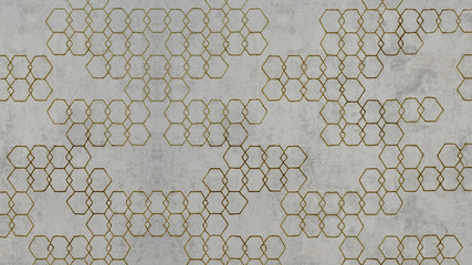 Seamless abstract mosaic grey gray white concrete stone cement wall texture with golden geometric...