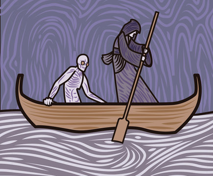 charon with boat traveling in styx sea