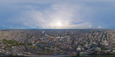 360 panorama by 180 degrees angle seamless panorama of aerial view of Bangkok Downtown Skyline....