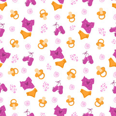 Obraz premium childhood or baby shower party theme seamless pattern - nipple, baby clothes, undershirt, diaper, booties on white background, endless texture for nursery textiles or scrapbook