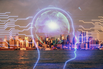 Brain hologram drawing on cityscape background multi exposure. Ai in modern city concept.