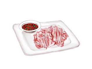 Watercolor Illustration of Chinese Cuisine - Boiled mutton with sauce on a plate | 白切羊肉