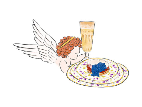 Illustration of Little angel holding a glass of champagne and a plate of pie with creamy caviar, a famous cuisine in movie "Babette's Feast"