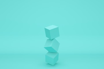 Abstract blue background with cubes in balance. Backdrop design for product promotion. 3d rendering