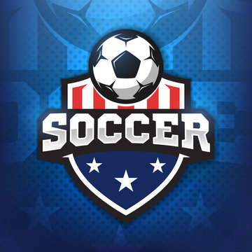 Football professional logo in flat style, soccer ball and shield with stars. Sport games. Vector illustration.
