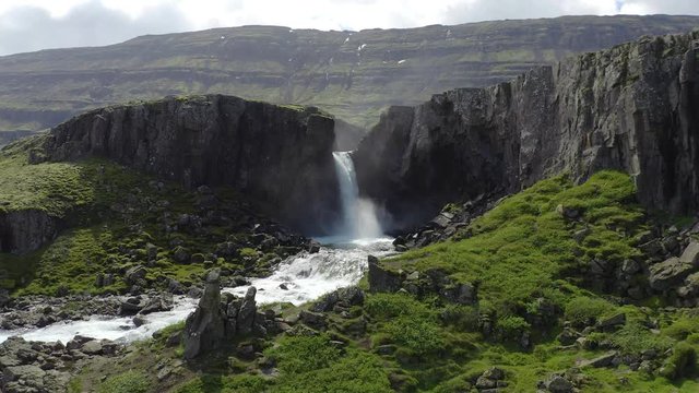 Flying around the Folaldafoss waterfall in east Iceland