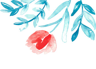 Watercolor floral drop in scarlet and turquoise. 