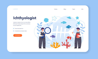 Ichthyologist web banner or landing page. Oceanic fauna scientist.