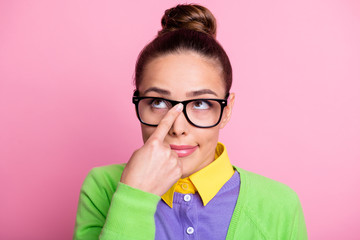 Closeup headshot photo of cute clever intelligent college girl look finger hold glasses pensive write essay prepare homework wear spectacles colored clothes bright pink color background