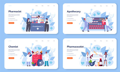Pharmacy web banner or landing page set. Pharmacist holding