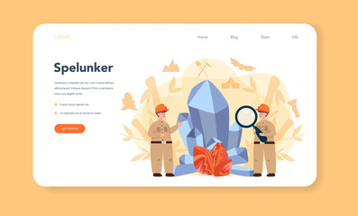 Speleologist web banner or landing page. Scientst studying caves