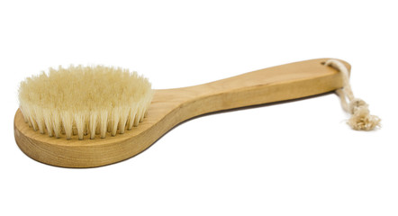 wooden soft body brush isolated on white background. Brush for anticellulite massage