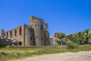 Fototapeta na wymiar Panoramic view of the ruins of the Greek Church of St. George and the Cathedral of St. Nicholas, and now the Lala Mustafa Pasha Mosque in Famagusta in North Cyprus.