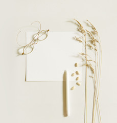 Beige minimal mock up scene with eyeglasses, white beans and cereal plants. Top view on .paper and pen for blogging or invitation.