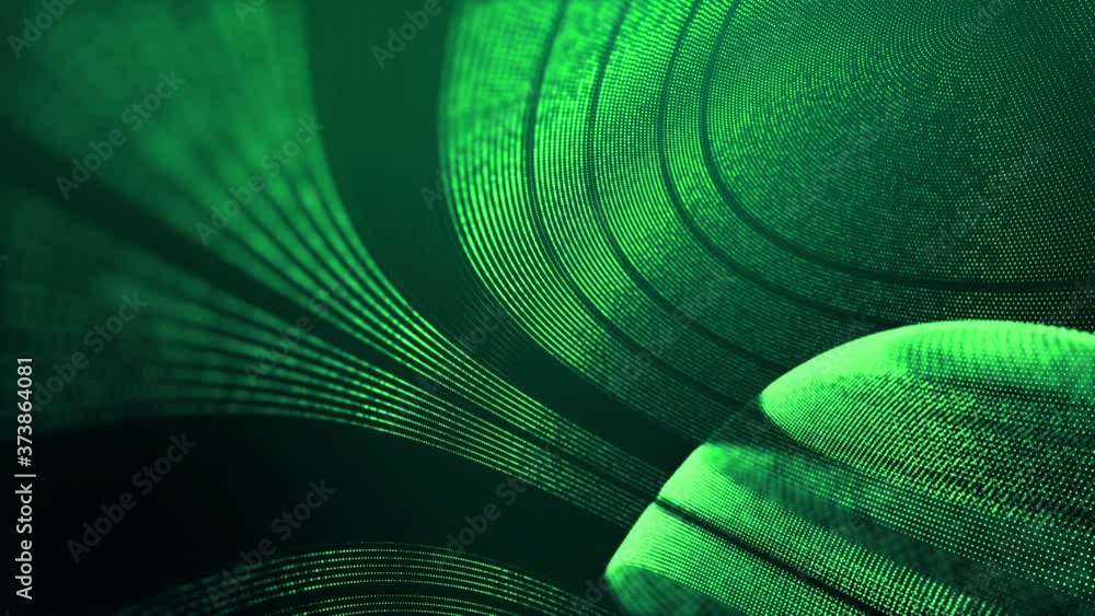 Poster 4k looped abstract green background of glow particles form lines, surfaces, round structures as futu