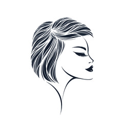 Woman with short, wavy hairstyle and elegant makeup.Hair salon, beauty studio, cosmetics and spa illustration.Beautiful young lady portrait.Smiling girl face isolated on light background.Profile view.