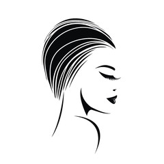 Woman with short, wavy hairstyle and elegant makeup.Hair salon, beauty studio, cosmetics and spa illustration.Beautiful young lady portrait.Smiling girl face isolated on light background.Profile view.