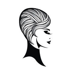 Woman with short, wavy hairstyle and elegant makeup.Hair salon, beauty studio, cosmetics and spa illustration.Beautiful young lady portrait with.Smiling girl face isolated on light fund.Profile view.