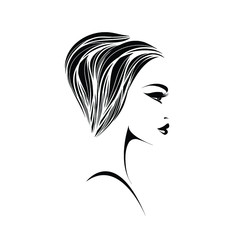 Woman with short, wavy hairstyle and elegant makeup.Hair salon, beauty studio, cosmetics and spa illustration.Beautiful young lady portrait with.Girl face isolated on light background.Profile view.