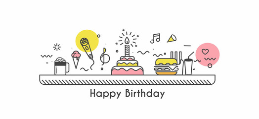 Birthday cake icon vector illustration. Text Happy birthday. Cake for birthday celebration with candles.