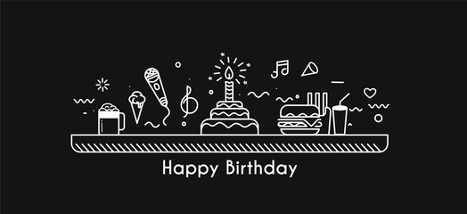 Birthday cake icon vector illustration. Text Happy birthday. Cake for birthday celebration with candles.