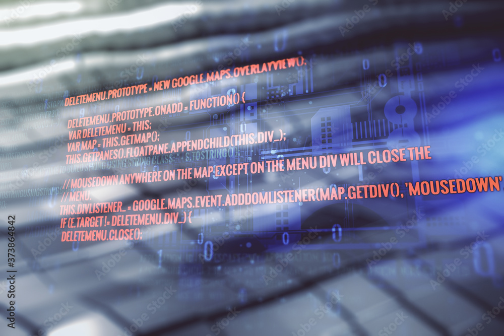 Poster double exposure of abstract creative programming illustration on shiny metal background, big data an