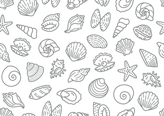Seashell seamless pattern. Vector background included line icons as ocean sea shells, scallop, starfish, clam, oyster, nautical texture for fabric. Black and white color - obrazy, fototapety, plakaty