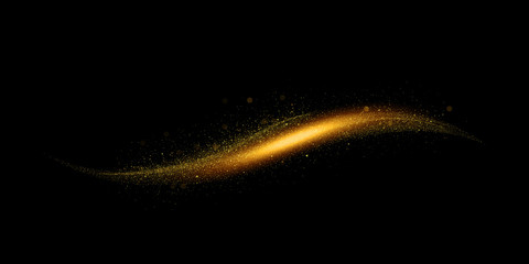 Fototapeta premium Golden glittering, sparkling magic light effect isolated on black background.