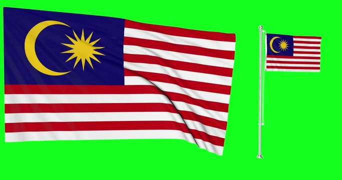 Green screen Malaysia two flags waving malaysian flagpole animation 3d chroma key	