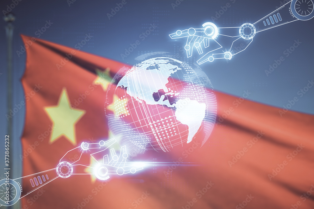 Poster abstract virtual robotics technology hologram with globe on chinese flag and blue sky background, ar