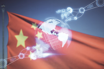 Abstract virtual robotics technology hologram with globe on Chinese flag and blue sky background,...