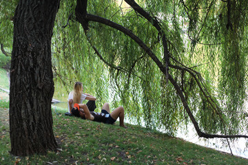 happy couple in autumn park
