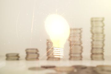 Virtual Idea concept with light bulb illustration on stacks of coins background. Multiexposure