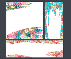 pattern with trendy 80s splendor tropical flowers and palm leaves fashion accessories, Instagram Stories template. Set photo frame. Streaming. Mockup for Instagram Stories, lettering space