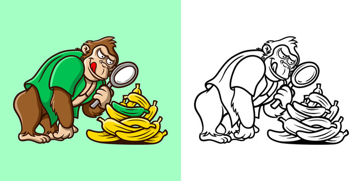 Coloring book cartoon illustration gorilla searching banana