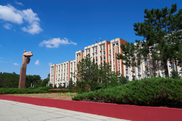 downtown of the city Tiraspol, Transnistria, Moldova -government building and presidential Palace, monument to Lenin