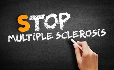 Stop Multiple Sclerosis text on blackboard, medical concept background