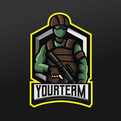 Army Green Soldier with Gun and Mask Mascot Sport Illustration Design for Logo Esport Gaming Team Squad