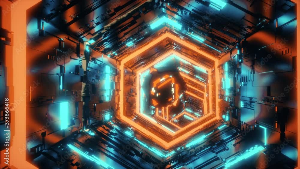 Aufkleber abstract motion background video of a specular polyhedron flying in the center of hexagon tunnel ill