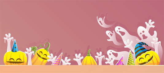 Halloween background. Pumpkins and pointed ghosts. Space for message or text you. Cute and fun for Halloween. Pink halloween background.