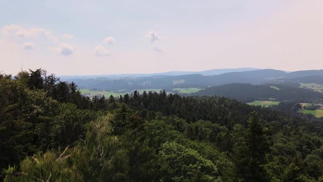 Aerial drone shot of the bavarian forest flying upwards
