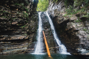 Waterfall in the Ukrainian Carpathians (Gorgany mountain range). Bukhtivets waterfall