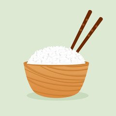 Wooden rice bowl and chopsticks icon on a green background vector illustration. Cute cartoon food vector.