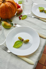 Thanksgiving Day or Halloween dinner table place setting decorative with pumpkin, acorns, pears leaves on white tablecloth background, view from above, top view, flat lay..