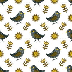 Happy halloween watercolor birds and flowers seamless pattern. Background.
