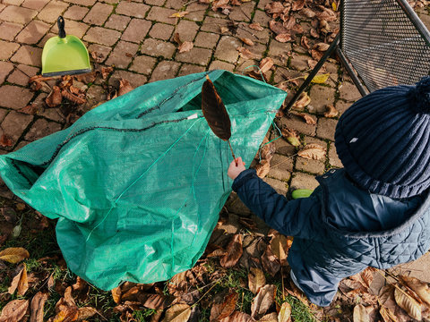 Kind hilft bei Gartenarbeit im Herbst